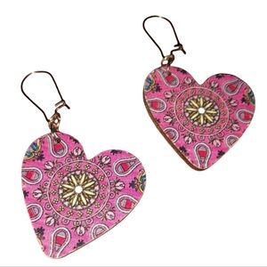 Pink Blue Heart Flower Mandala Earrings Drop Handmade Steel Wires New